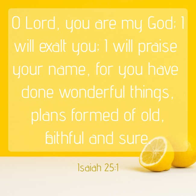 O Lord, you are my God; I will exalt you; I will praise your name, for you have done wonderful things, plans formed of old, faithful and sure. - Isaiah 25:1