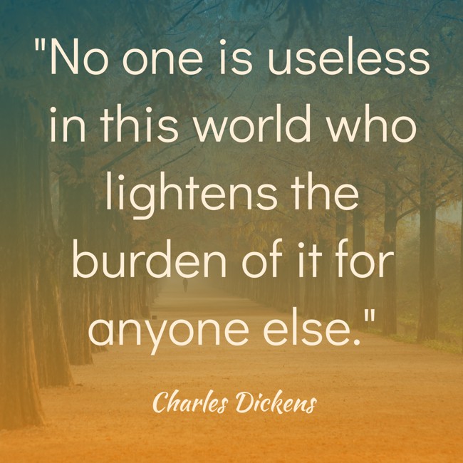 No one is useless in this world who lightens the burden of it for anyone else. - Charles Dickens