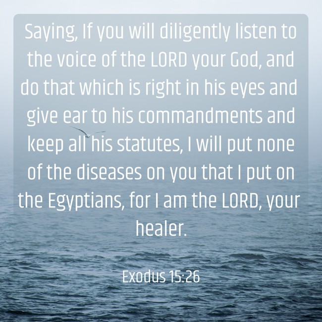 Saying, If you will diligently listen to the voice of the LORD your God, and do that which is right in his eyes and give ear to his commandments and keep all his statutes, I will put none of the diseases on you that I put on the Egyptians, for I am the LORD, your healer. - Exodus 15:26