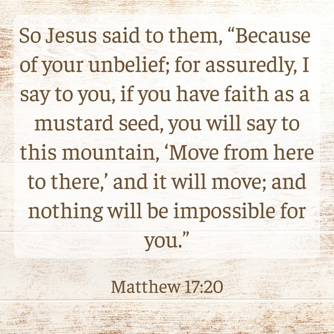 So Jesus said to them, “Because of your unbelief; for assuredly, I say to you, if you have faith as a mustard seed, you will say to this mountain, ‘Move from here to there,’ and it will move; and nothing will be impossible for you.” - Matthew 17:20