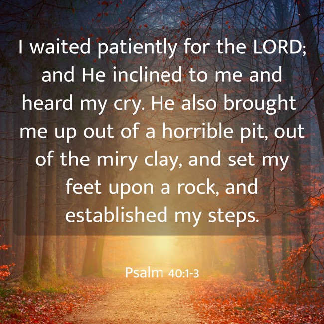 I waited patiently for the LORD; and He inclined to me and heard my cry. He also brought me up out of a horrible pit, out of the miry clay, and set my feet upon a rock, and established my steps. - Psalm 40:1-3