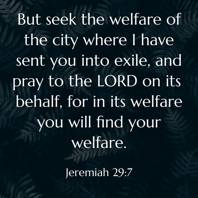But seek the welfare of the city where I have sent you into exile, and pray to the LORD on its behalf, for in its welfare you will find your welfare. - Jeremiah 29:7