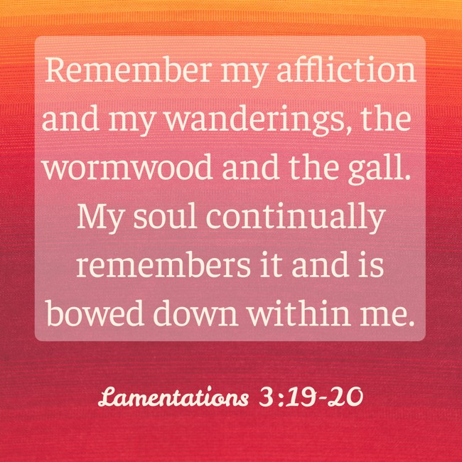 Remember my affliction and my wanderings, the wormwood and the gall. My soul continually remembers it and is bowed down within me. - Lamentations 3:19-20