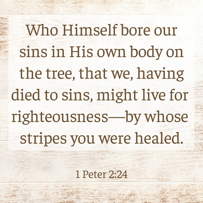 Who Himself bore our sins in His own body on the tree, that we, having died to sins, might live for righteousness—by whose stripes you were healed. - 1 Peter 2:24