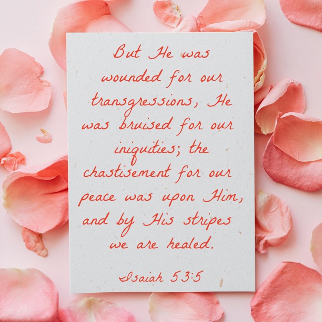 But He was wounded for our transgressions, He was bruised for our iniquities; the chastisement for our peace was upon Him, and by His stripes we are healed. - Isaiah 53:5