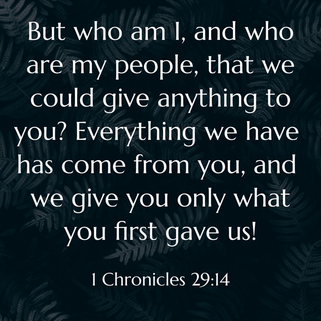 But who am I, and who are my people, that we could give anything to you? Everything we have has come from you, and we give you only what you first gave us! - 1 Chronicles 29:14
