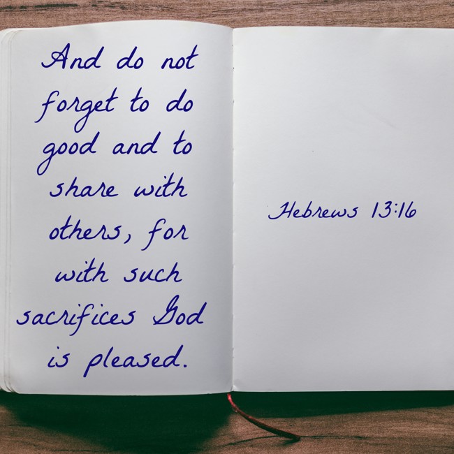 And do not forget to do good and to share with others, for with such sacrifices God is pleased. - Hebrews 13:16