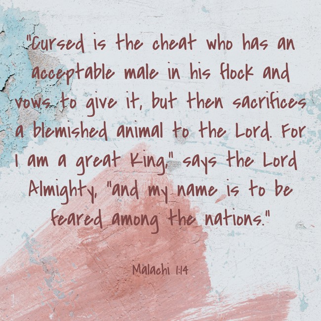 “Cursed is the cheat who has an acceptable male in his flock and vows to give it, but then sacrifices a blemished animal to the Lord. For I am a great King,” says the Lord Almighty, “and my name is to be feared among the nations.” - Malachi 1:14