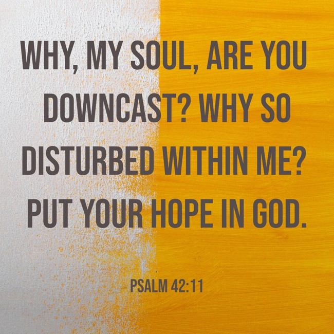 Why, my soul, are you downcast? Why so disturbed within me? Put your hope in God. - Psalm 42:11