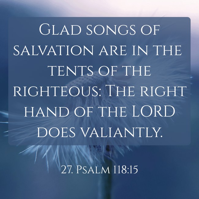 Glad songs of salvation are in the tents of the righteous: The right hand of the LORD does valiantly. - 27. Psalm 118:15