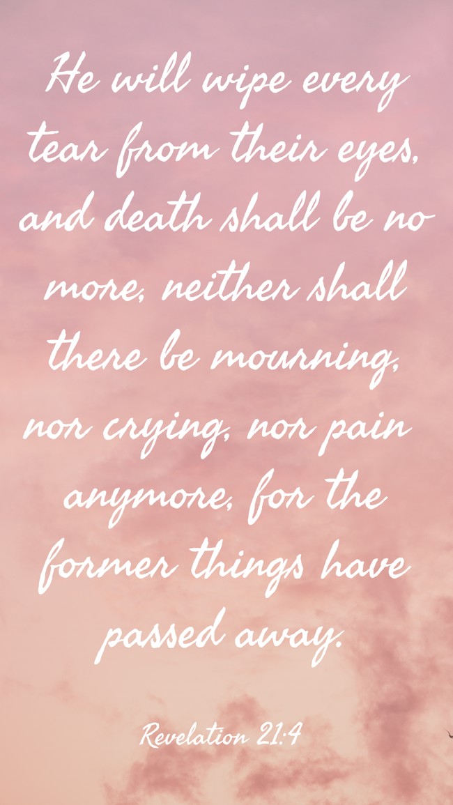 He will wipe every tear from their eyes, and death shall be no more, neither shall there be mourning, nor crying, nor pain anymore, for the former things have passed away. - Revelation 21:4