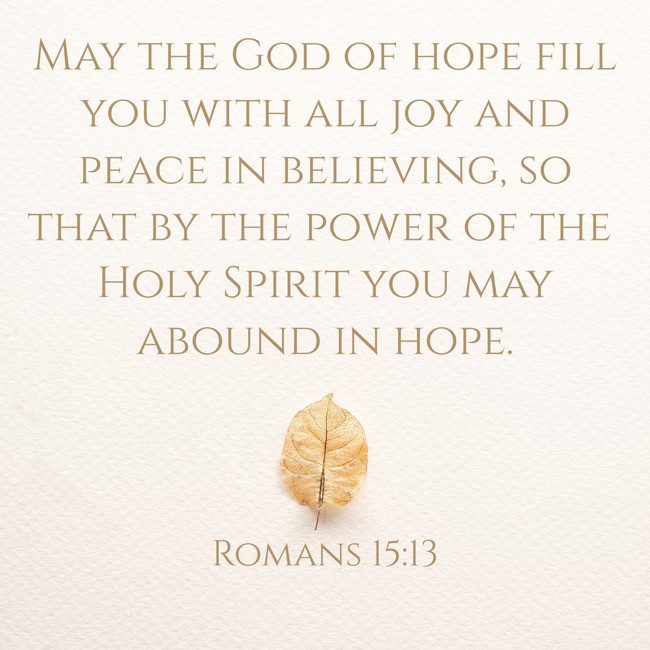 May the God of hope fill you with all joy and peace in believing, so that by the power of the Holy Spirit you may abound in hope. - Romans 15:13