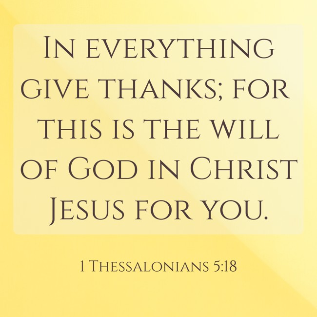 In everything give thanks; for this is the will of God in Christ Jesus for you. - 1 Thessalonians 5:18