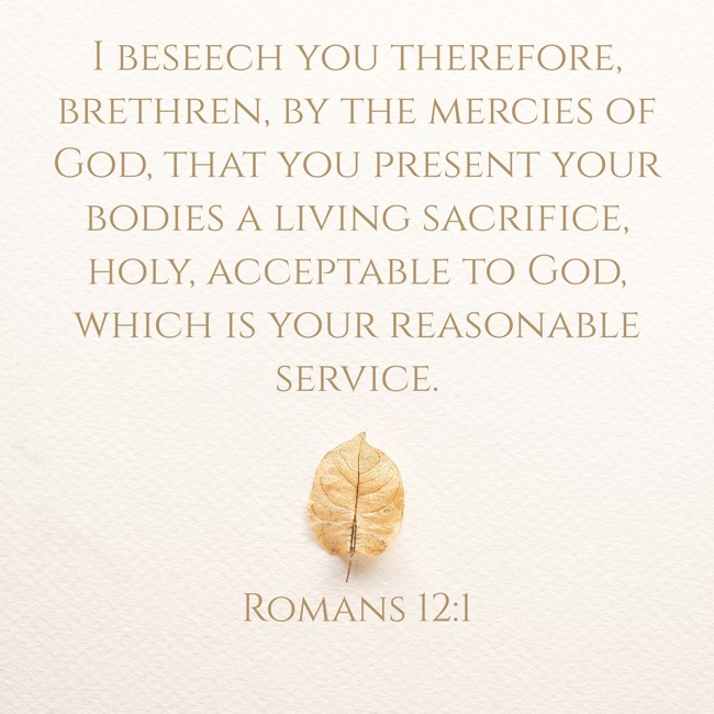 I beseech you therefore, brethren, by the mercies of God, that you present your bodies a living sacrifice, holy, acceptable to God, which is your reasonable service. - Romans 12:1