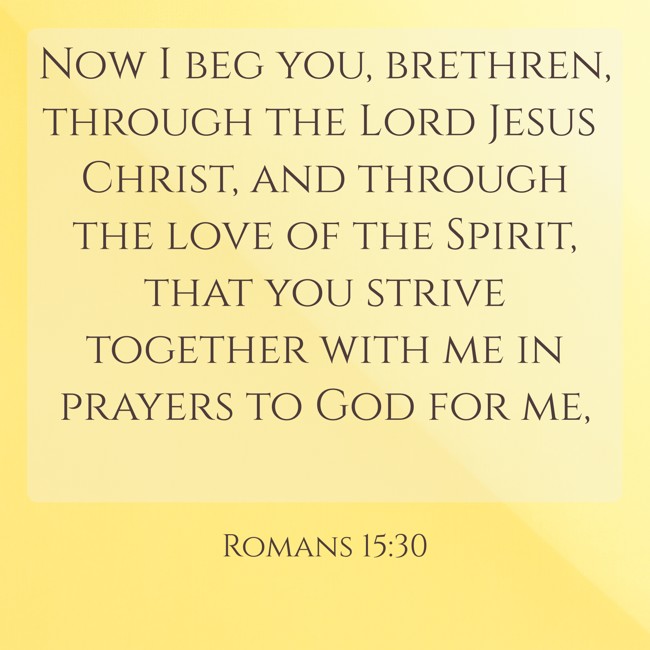 Now I beg you, brethren, through the Lord Jesus Christ, and through the love of the Spirit, that you strive together with me in prayers to God for me, - Romans 15:30