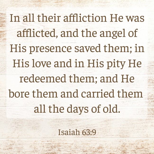 In all their affliction He was afflicted, and the angel of His presence saved them; in His love and in His pity He redeemed them; and He bore them and carried them all the days of old. - Isaiah 63:9