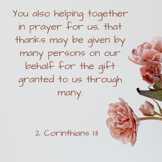 You also helping together in prayer for us, that thanks may be given by many persons on our behalf for the gift granted to us through many. - 2 Corinthians 1:11