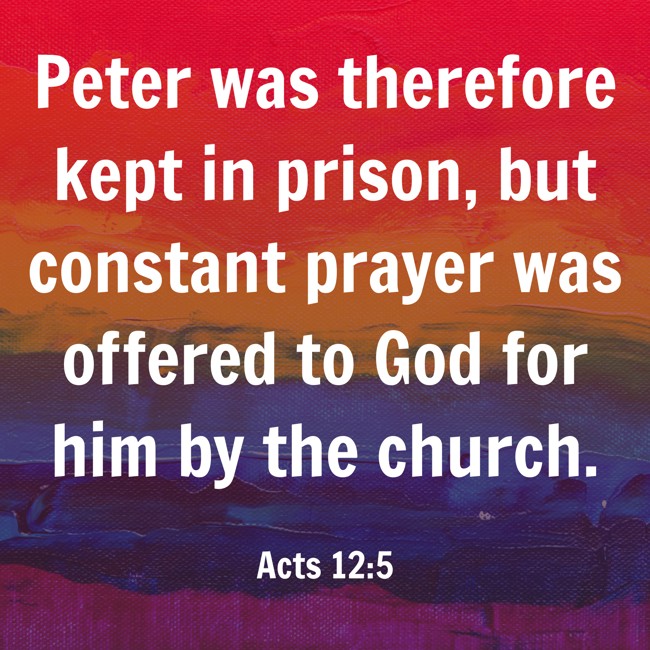 Peter was therefore kept in prison, but constant prayer was offered to God for him by the church. - Acts 12:5