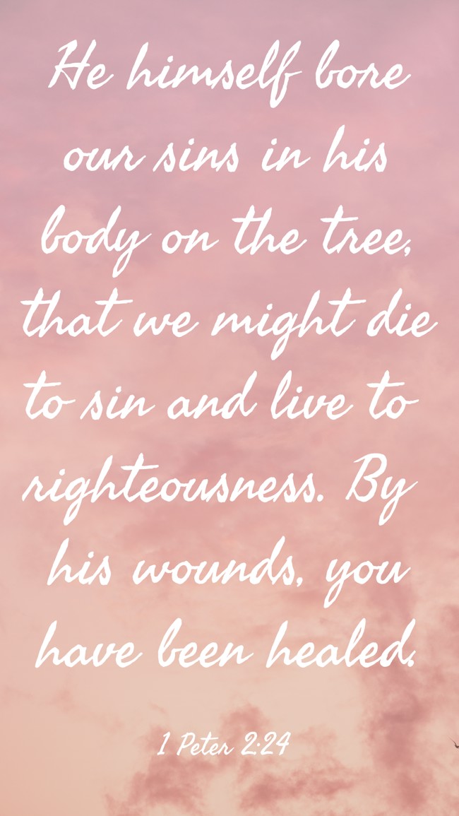 He himself bore our sins in his body on the tree, that we might die to sin and live to righteousness. By his wounds, you have been healed. - 1 Peter 2:24
