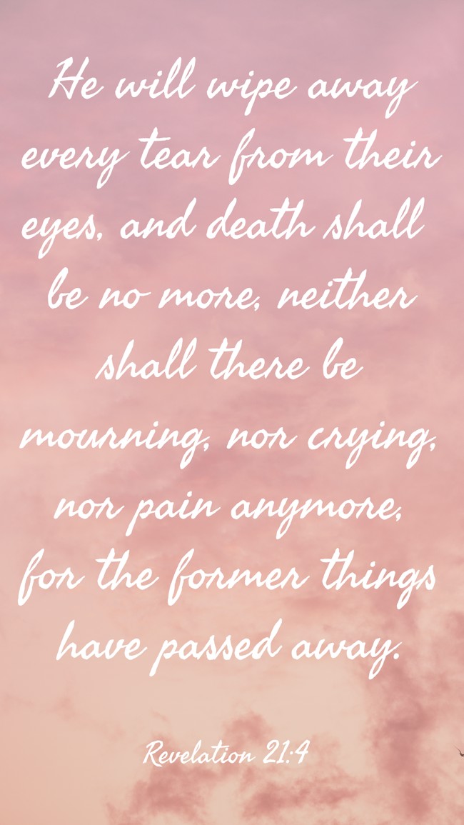He will wipe away every tear from their eyes, and death shall be no more, neither shall there be mourning, nor crying, nor pain anymore, for the former things have passed away. - Revelation 21:4