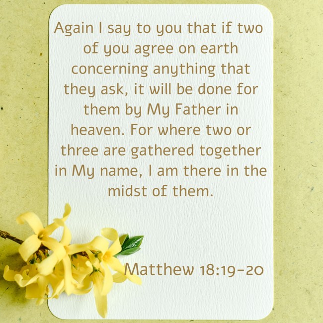 Again I say to you that if two of you agree on earth concerning anything that they ask, it will be done for them by My Father in heaven. For where two or three are gathered together in My name, I am there in the midst of them. - Matthew 18:19-20