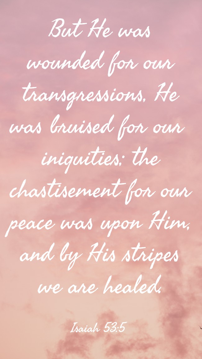 But He was wounded for our transgressions, He was bruised for our iniquities; the chastisement for our peace was upon Him, and by His stripes we are healed. - Isaiah 53:5