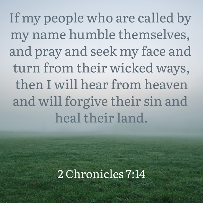 If my people who are called by my name humble themselves, and pray and seek my face and turn from their wicked ways, then I will hear from heaven and will forgive their sin and heal their land. - 2 Chronicles 7:14