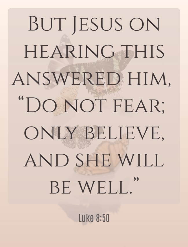 But Jesus on hearing this answered him, “Do not fear; only believe, and she will be well.” - Luke 8:50