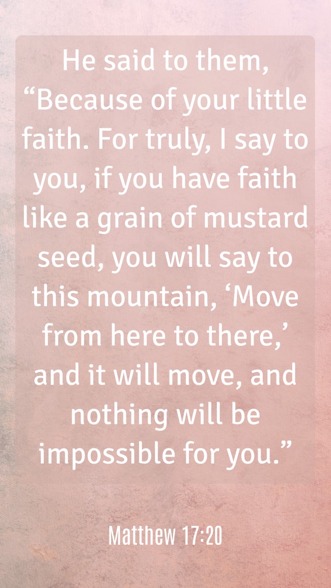 He said to them, “Because of your little faith. For truly, I say to you, if you have faith like a grain of mustard seed, you will say to this mountain, ‘Move from here to there,’ and it will move, and nothing will be impossible for you.” - Matthew 17:20