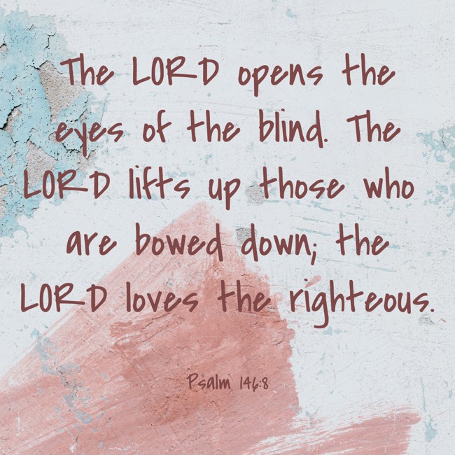 The LORD opens the eyes of the blind. The LORD lifts up those who are bowed down; the LORD loves the righteous. - Psalm 146:8