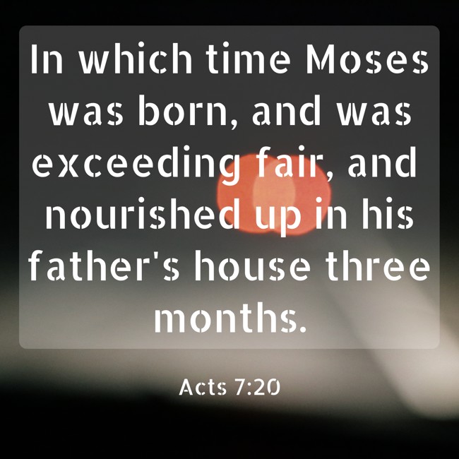 In which time Moses was born, and was exceeding fair, and nourished up in his father's house three months. - Acts 7:20