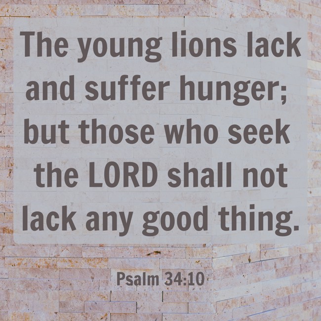 The young lions lack and suffer hunger; but those who seek the LORD shall not lack any good thing. - Psalm 34:10