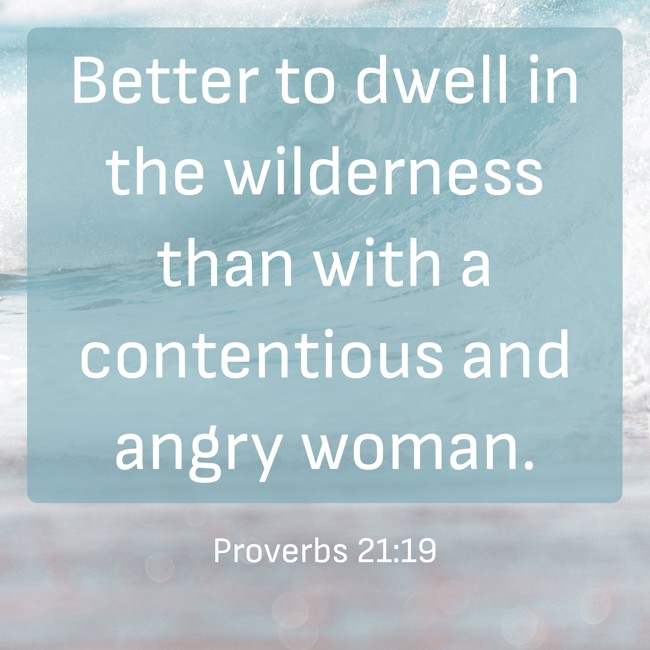 Better to dwell in the wilderness than with a contentious and angry woman. - Proverbs 21:19