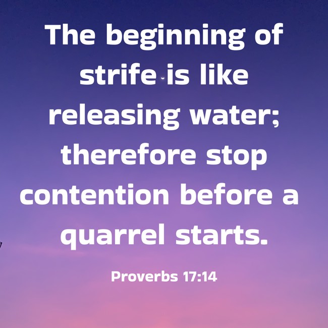The beginning of strife is like releasing water; therefore stop contention before a quarrel starts. - Proverbs 17:14