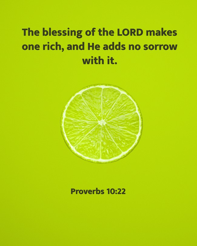 The blessing of the LORD makes one rich, and He adds no sorrow with it. - Proverbs 10:22