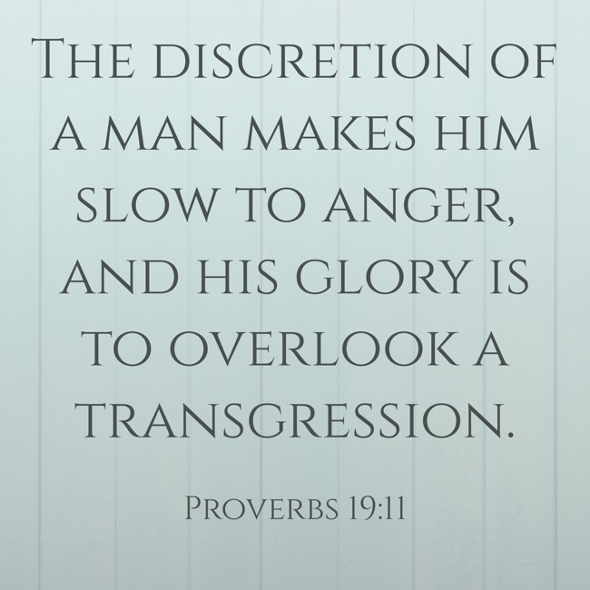 The discretion of a man makes him slow to anger, and his glory is to overlook a transgression. - Proverbs 19:11