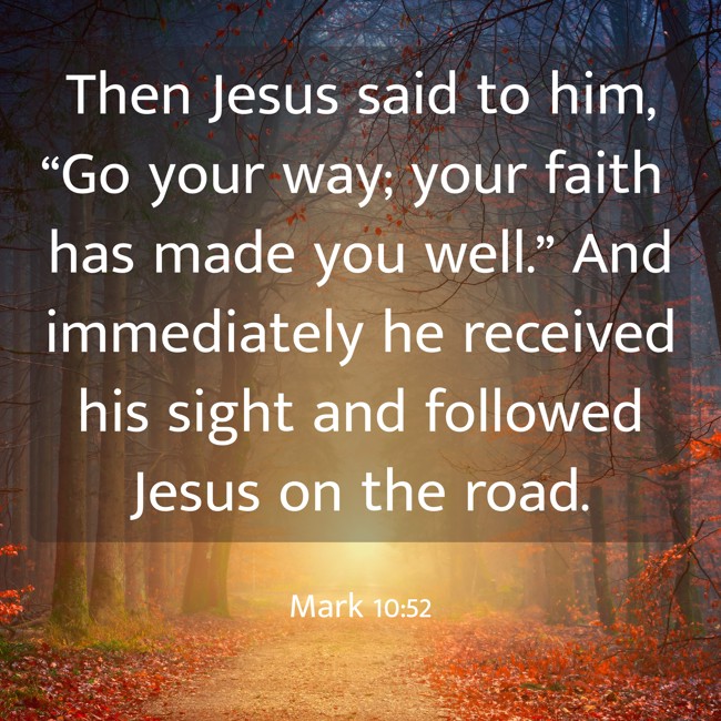 Then Jesus said to him, “Go your way; your faith has made you well.” And immediately he received his sight and followed Jesus on the road. - Mark 10:52