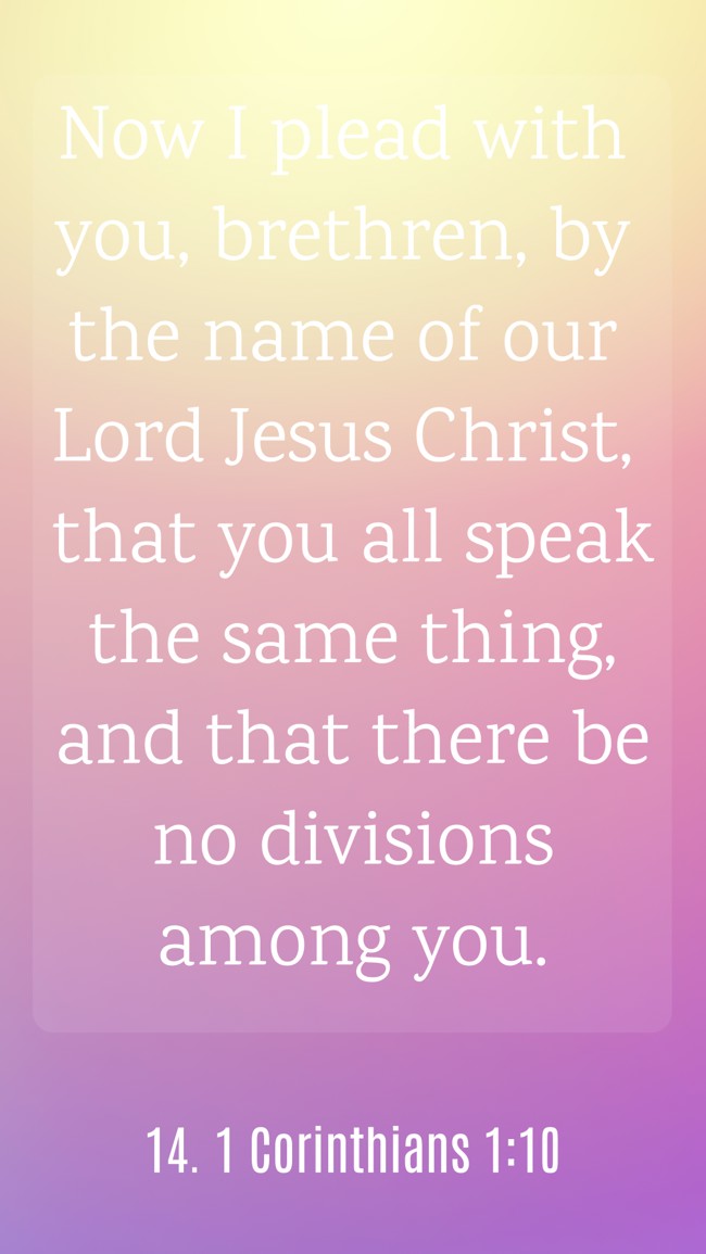 Now I plead with you, brethren, by the name of our Lord Jesus Christ, that you all speak the same thing, and that there be no divisions among you. - 14. 1 Corinthians 1:10