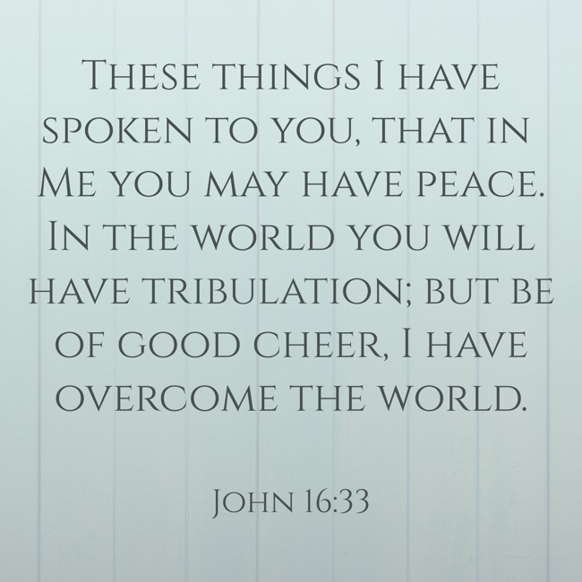 These things I have spoken to you, that in Me you may have peace. In the world you will have tribulation; but be of good cheer, I have overcome the world. - John 16:33