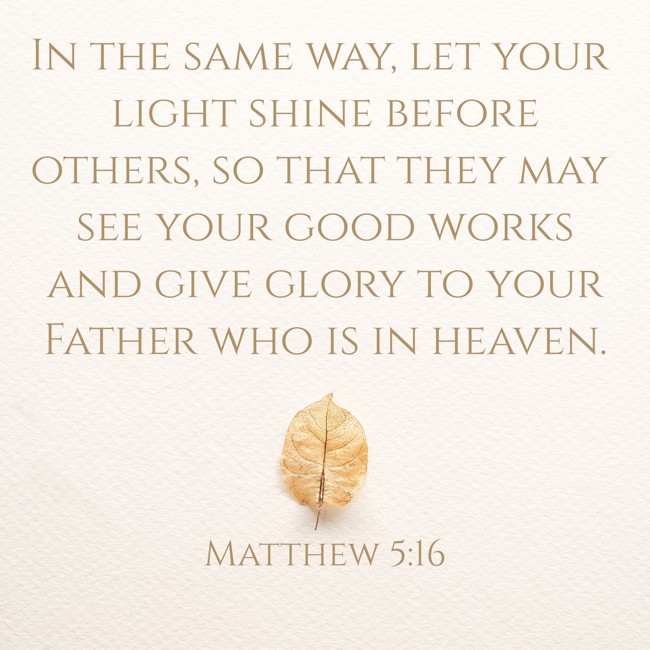 In the same way, let your light shine before others, so that they may see your good works and give glory to your Father who is in heaven. - Matthew 5:16
