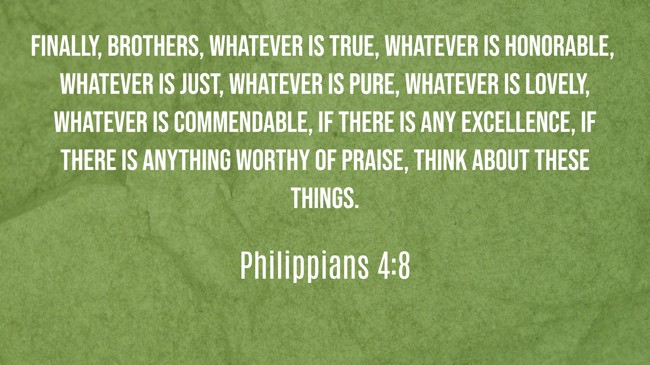 Finally, brothers, whatever is true, whatever is honorable, whatever is just, whatever is pure, whatever is lovely, whatever is commendable, if there is any excellence, if there is anything worthy of praise, think about these things. - Philippians 4:8