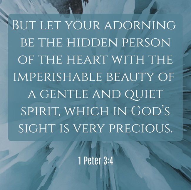 But let your adorning be the hidden person of the heart with the imperishable beauty of a gentle and quiet spirit, which in God’s sight is very precious. - 1 Peter 3:4