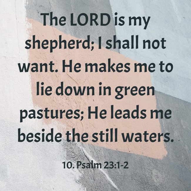 The LORD is my shepherd; I shall not want. He makes me to lie down in green pastures; He leads me beside the still waters. - 10. Psalm 23:1-2