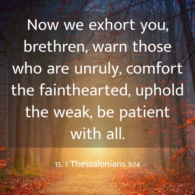 Now we exhort you, brethren, warn those who are unruly, comfort the fainthearted, uphold the weak, be patient with all. - 15. 1 Thessalonians 5:14