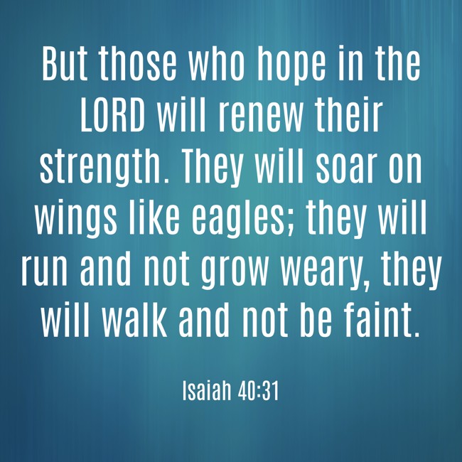 But those who hope in the LORD will renew their strength. They will soar on wings like eagles; they will run and not grow weary, they will walk and not be faint. - Isaiah 40:31