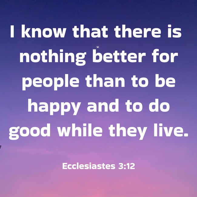 I know that there is nothing better for people than to be happy and to do good while they live. - Ecclesiastes 3:12