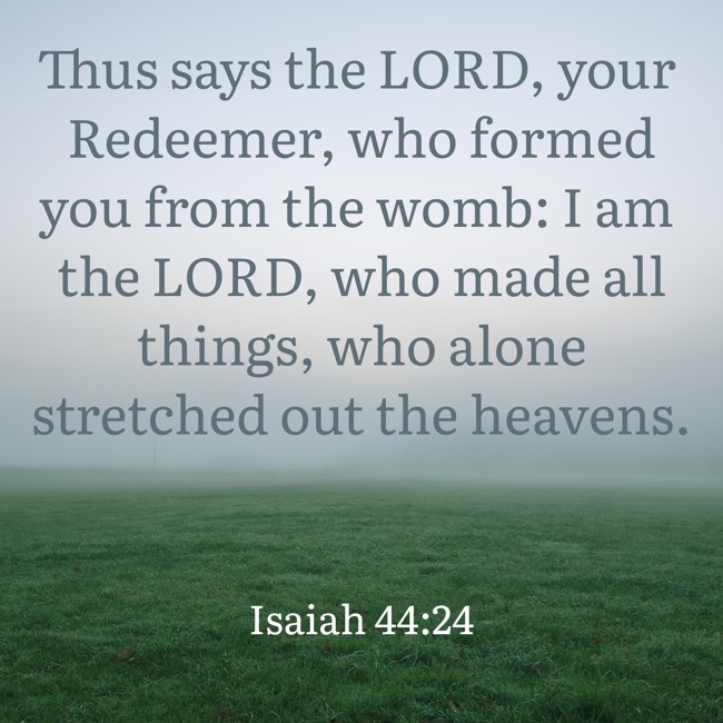  Thus says the LORD, your Redeemer, who formed you from the womb: I am the LORD, who made all things, who alone stretched out the heavens.   - Isaiah 44:24 