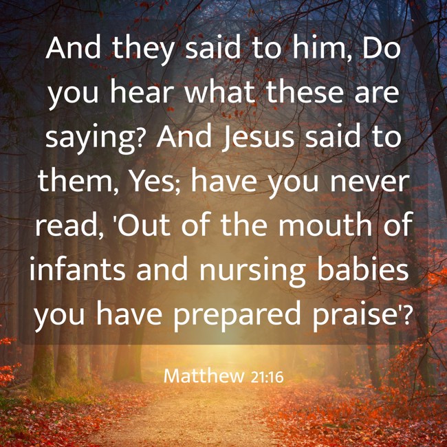  And they said to him, Do you hear what these are saying? And Jesus said to them, Yes; have you never read, 'Out of the mouth of infants and nursing babies you have prepared praise'?   - Matthew 21:16 