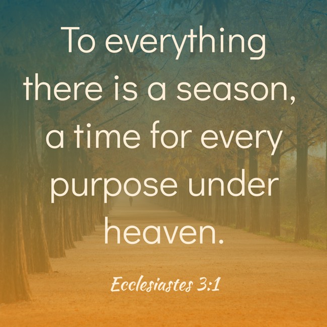 To everything there is a season, a time for every purpose under heaven. - Ecclesiastes 3:1