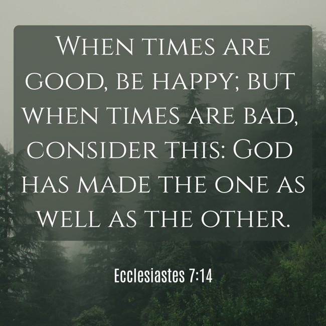 When times are good, be happy; but when times are bad, consider this: God has made the one as well as the other. - Ecclesiastes 7:14